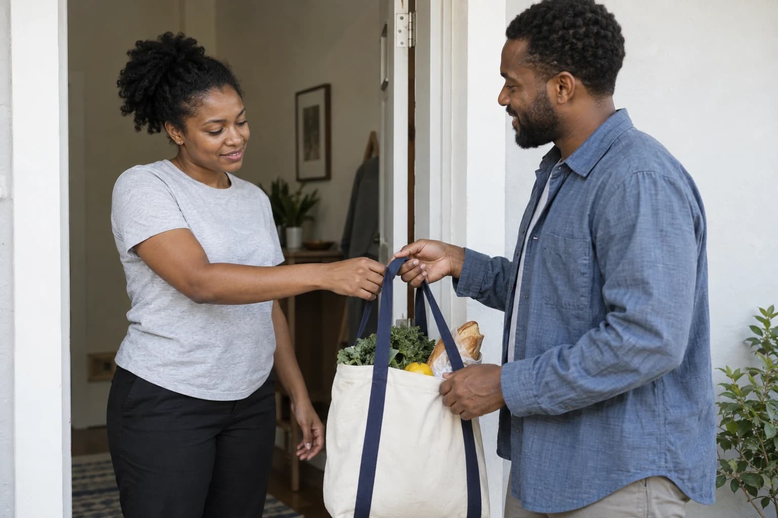 A grocery handover at a doorway