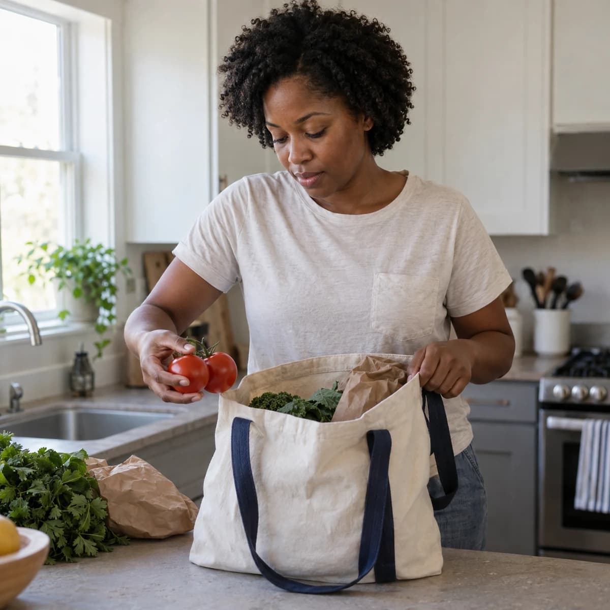 A woman unpacking her groceries at home